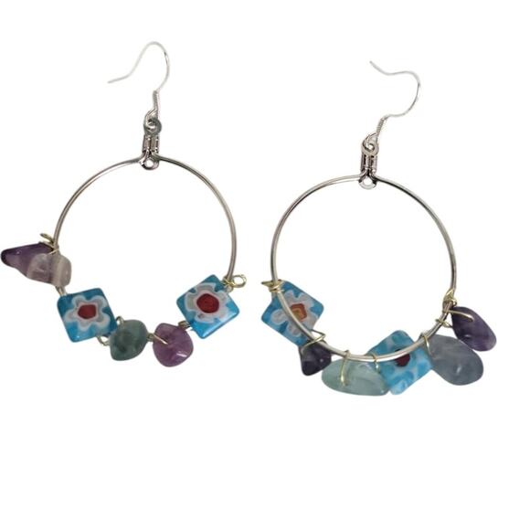 Fluorite Millefiori Lampwork Glass Beads Hoop Earrings - Picture 3 of 5